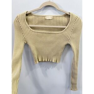 Altar'd State Beige Women's Ribbed Knit Long Sleeve Square Neck Cropped Top S